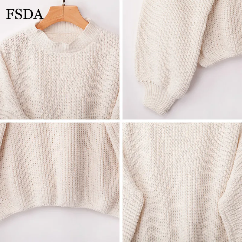 FSDA розовый короткий свободный свитер женский черный белый длинный рукав-фонарик пуловер с круглым вырезом повседневный милый офисный вязаный укороченный свитер