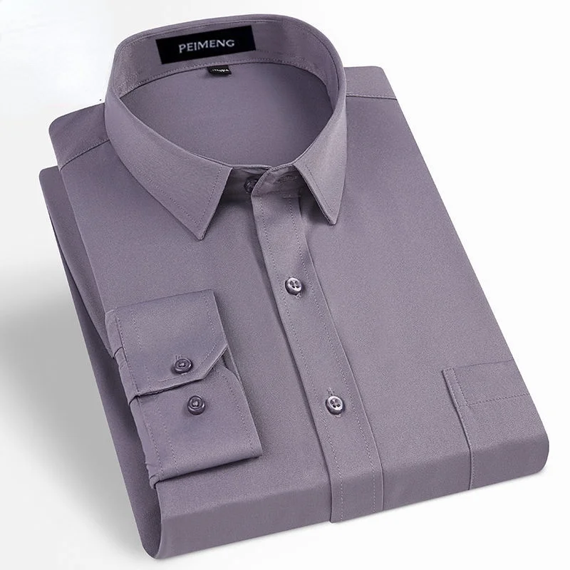 Men's Stretch Dress Shirt Long Sleeve Single Patch Pocket Comfortable - Soft & Smooth Non-iron Standard-fit Classic Cotton Shirt