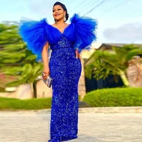 royal blue sheath evening dresses puffy sleeves glitter sequined v neck long formal party gowns plus size robe de mari%c3%a9e