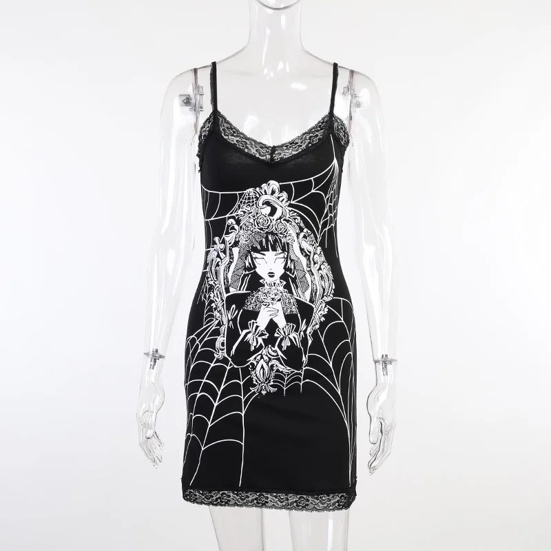 

Gothblack Mall Harajuku Sexy Splice Lace Mini Dress Women Gothic Dark Bodycon Print Spaghetti Straps Dress Summer Casual Dress