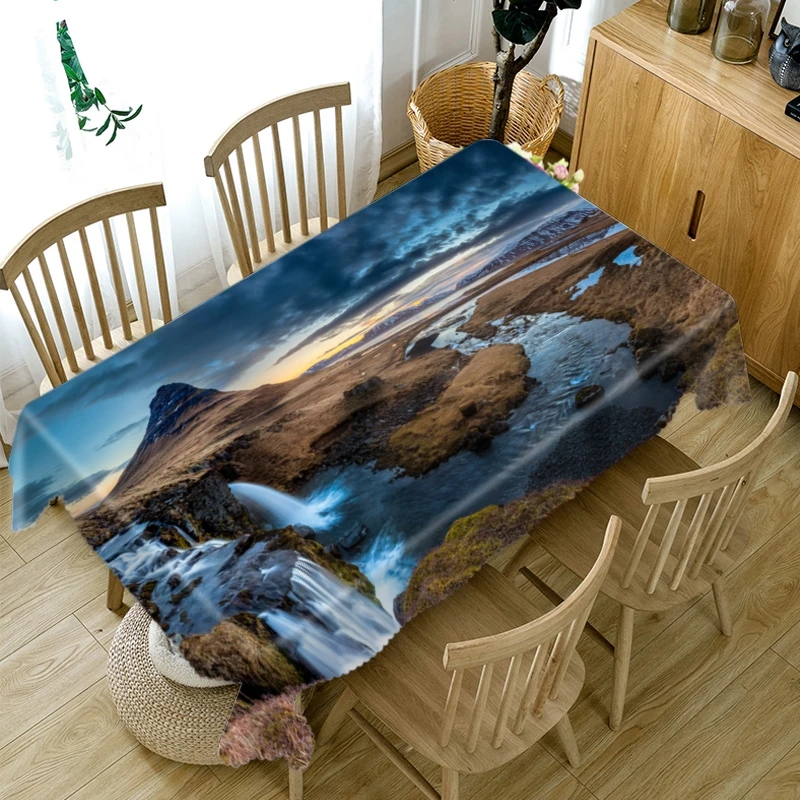 Скатерть хлопковая прямоугольная/круглая плотная с рисунком речного водопада
