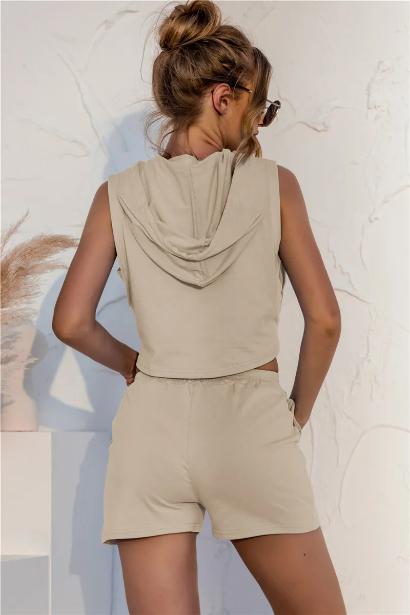 

2 Piece Set Ms Tracksuits Summer Solid Color Shorts Suit 2021 Women Hooded Sleeveless Tops Shorts Jogger Suit Outfits 6 Colors