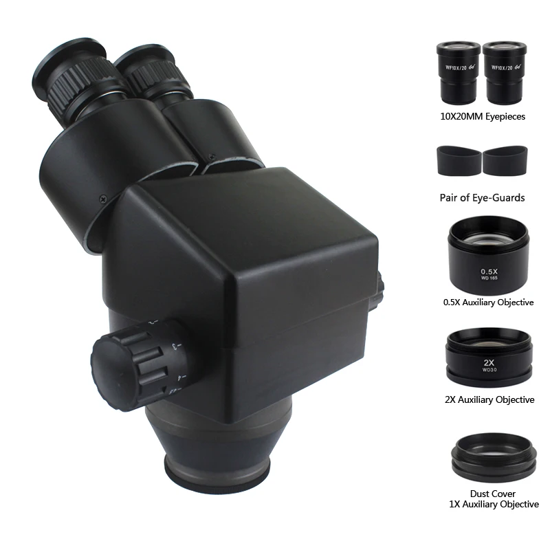 

7-45X Binocular stereo microscope Industrial microscope zoom Magnification head +WD165 0.5X 2.0X 1X Auxiliary Objective Lens