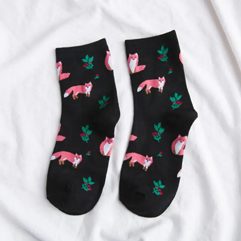 5 Pairs Girls Fox Plant Fruit Flamingo Printed Cotton Ankle Socks Crew Sock Women Warm Winter Floral Embroidered Ankle Socks