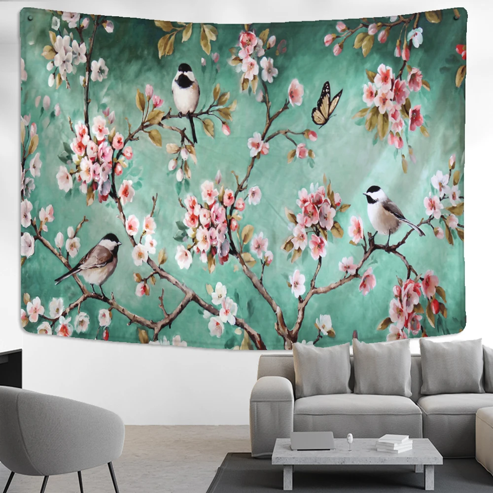 

Flower Chinese Painting Tapestry Wall Hanging Bird Bohemian Style Simple Art Tapiz Living Room Home Decor