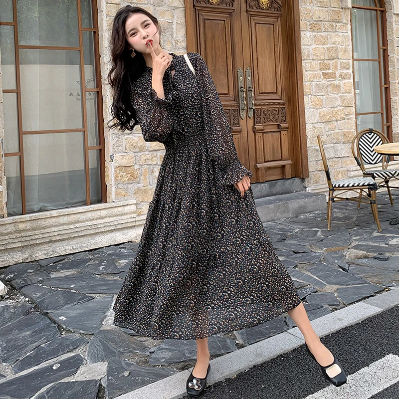 Women Chiffon Dress 2021 Spring Summer Fashion Female Long Sleeve Print Floral Vintage Casual Elastic Waist A-line Vestido | Женская