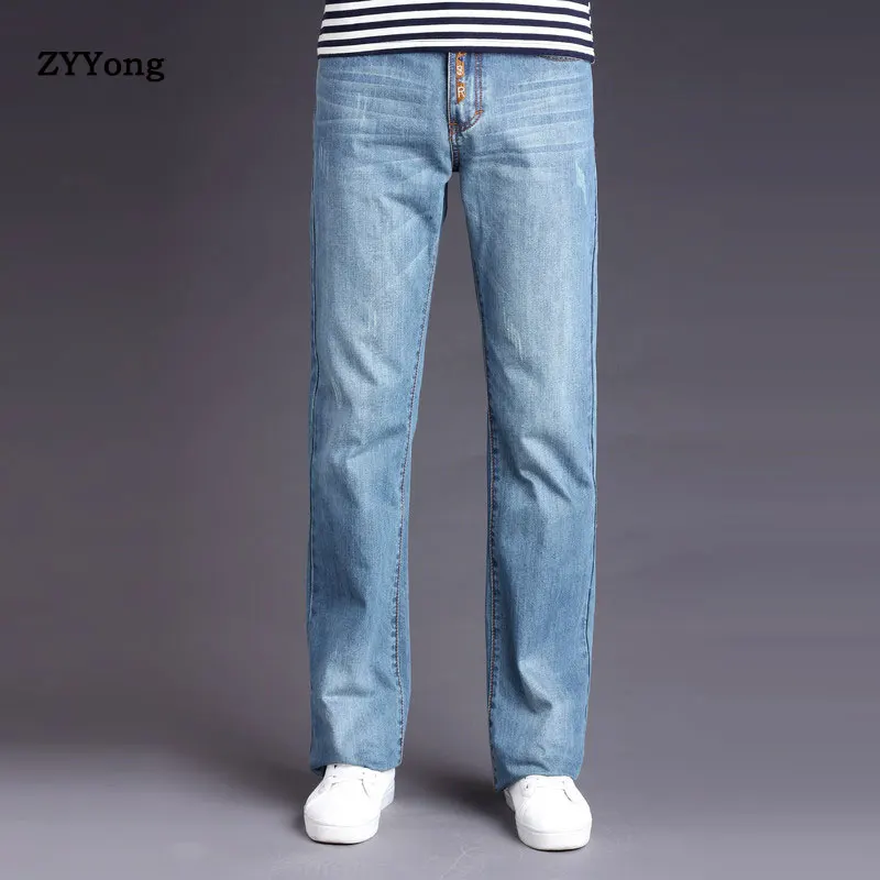 2020 Mens Light Blue Flared Leg Jeans Trousers Mid Waist Long Flare Jeans For Men Boot Cut Blue Jeans Hommes Bell Bottom Jeans
