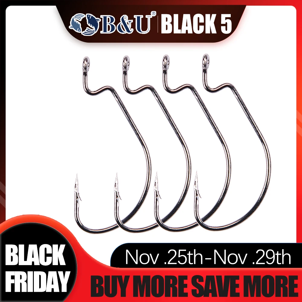 

B&U 50pcs/lot Fishing Soft Worm Offset Hooks High Carbon Steel Wide Super Lock Fishhooks Lure Softjerk 8#-5/0 Fishing Tackle