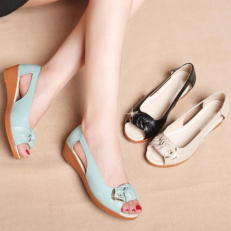 

Peep Toe Sandals Women Genuine Leather Sandals For Mother Summer Woman Shoes Bowknot Ladies Casual Shoes Sandalias Mujer XKD4302