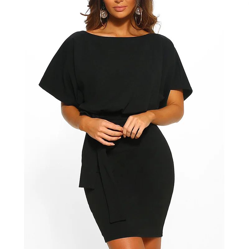 Однотонное модное летнее облегающее платье с поясом женское элегантное Короткое