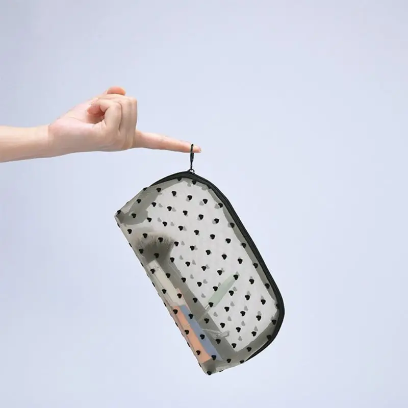 

Heart Dot Printed Mesh Zipper Makeup Bag Female Transparent Cosmetic Organizer Travel Portable Toiletry Pouch Case