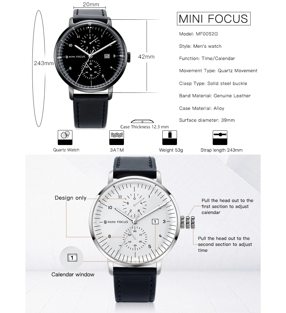 Мужские кварцевые часы с ремешком из натуральной кожи и отображением даты |