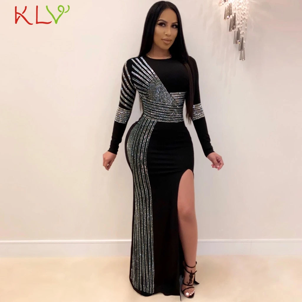 Женское длинное платье с разрезом и стразами вечернее в стиле пэчворк модная