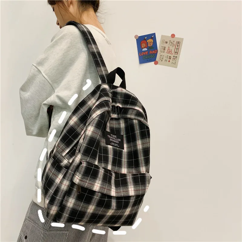 

Students Backpack Women Plaid Pattern School Bag Canvas Softback Campus Style Rucksack Travel Bagpack Female Backpacks Ladies