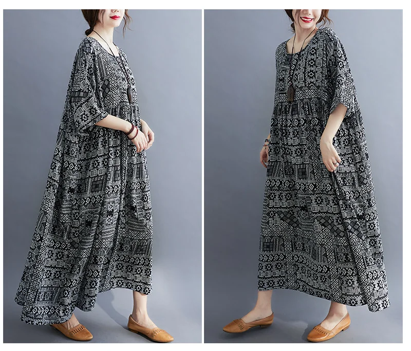 

Women Vintage Loose Dress Contrast Color Print Half Sleeves Robes Dress Oversized Cotton Casual Short Sleeve Loose Dress