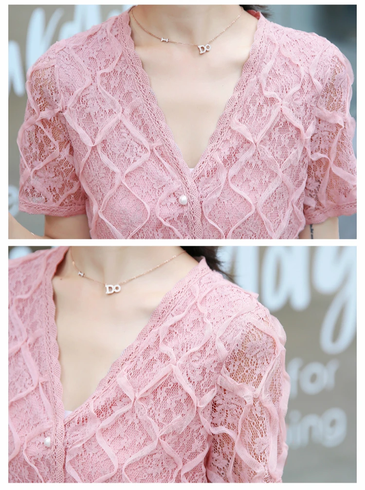 Женская блузка с коротким рукавом и v-образным вырезом однотонная розовая