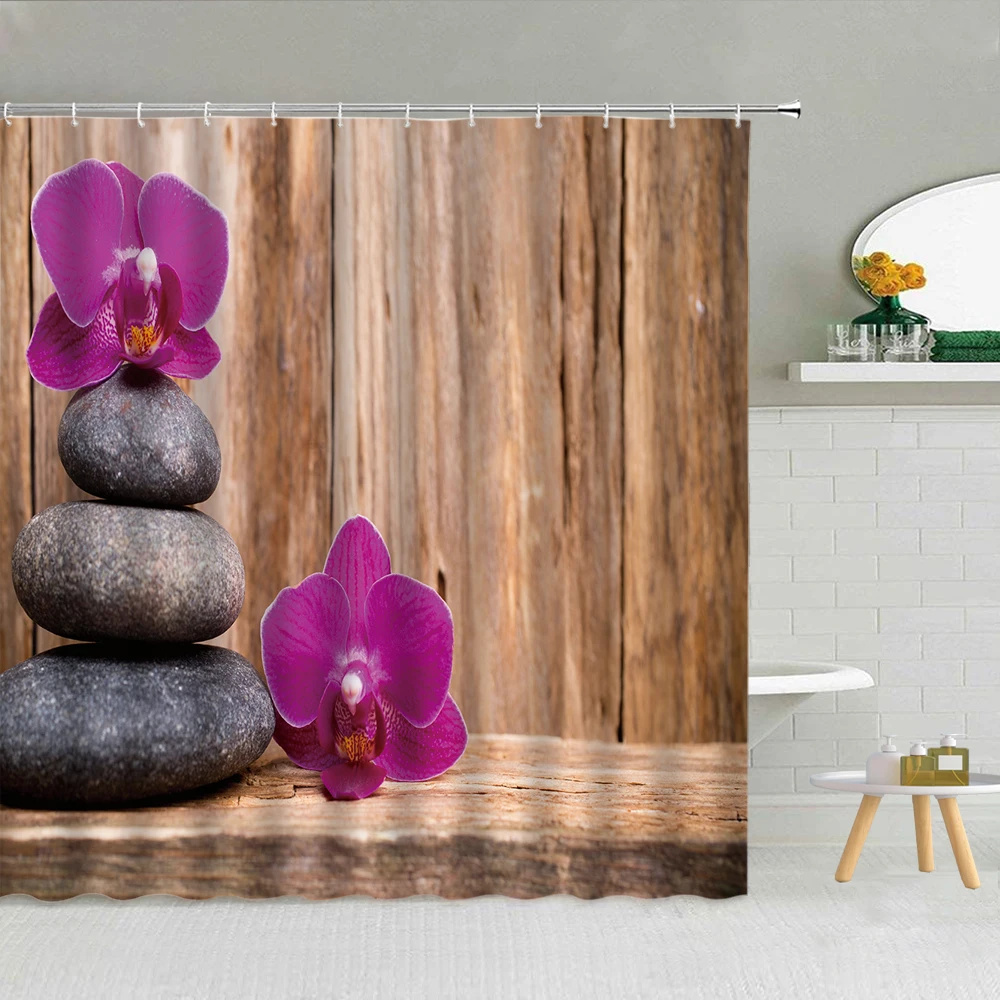 Занавеска для душа из дзен камня цветов дерева лотоса бамбука Листьев воды спа