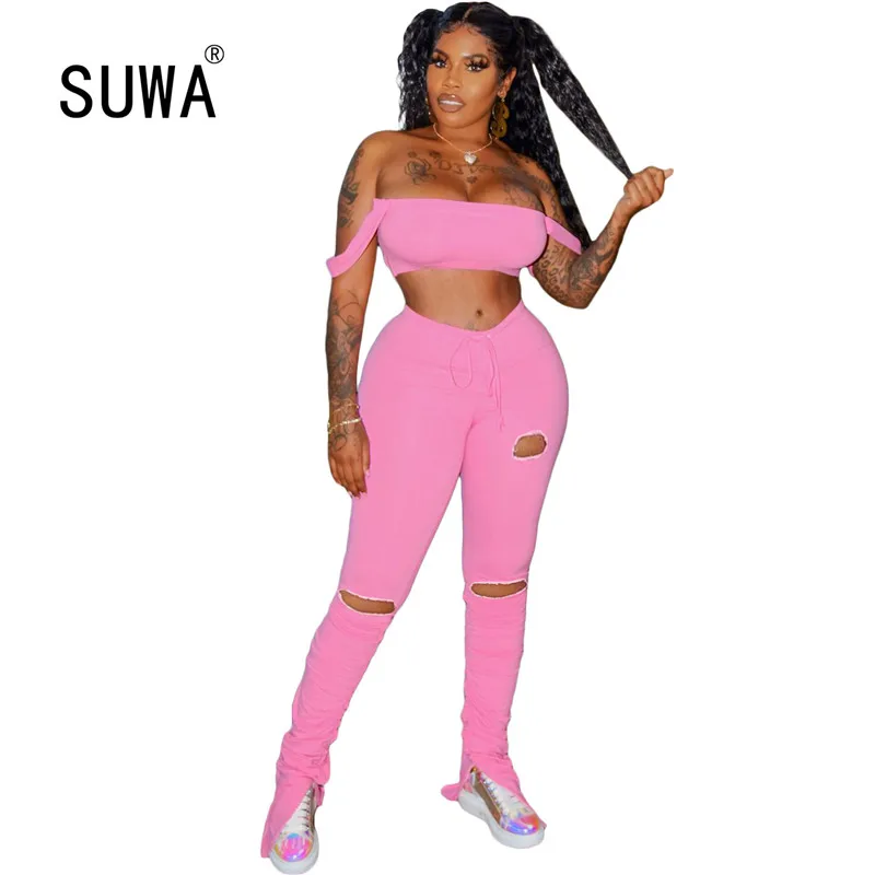 

Women fashion 2020 summer sexy nightwear two piece set vest crop top + hole ruched stacked legging pants chic suit lounge wear