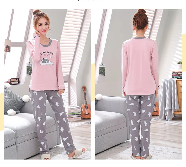 Пижамные комплекты для женщин с круглым вырезом Pijama Mujer пижама с длинным рукавом весенняя Хлопковая пижама Femme Повседневные наборы пижам комплект из двух предметов