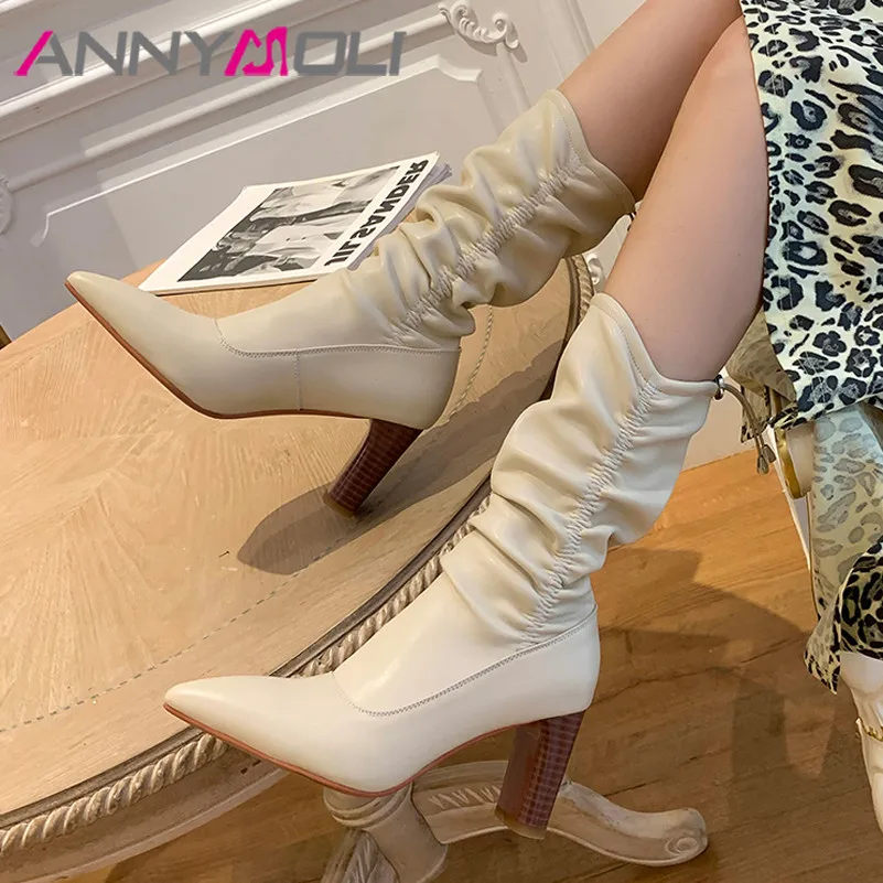 

ANNYMOLI Pointed Toe High Heel Woman Boots Real Leather Chunky Heel Mid Calf Boots Pleated Female Shoes Autumn Winter Beige 40