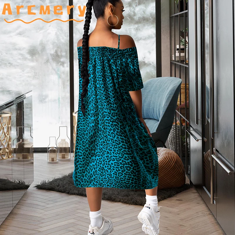 

Women Off Shoulder Leopard Printed Short Sleeve Casual Dress