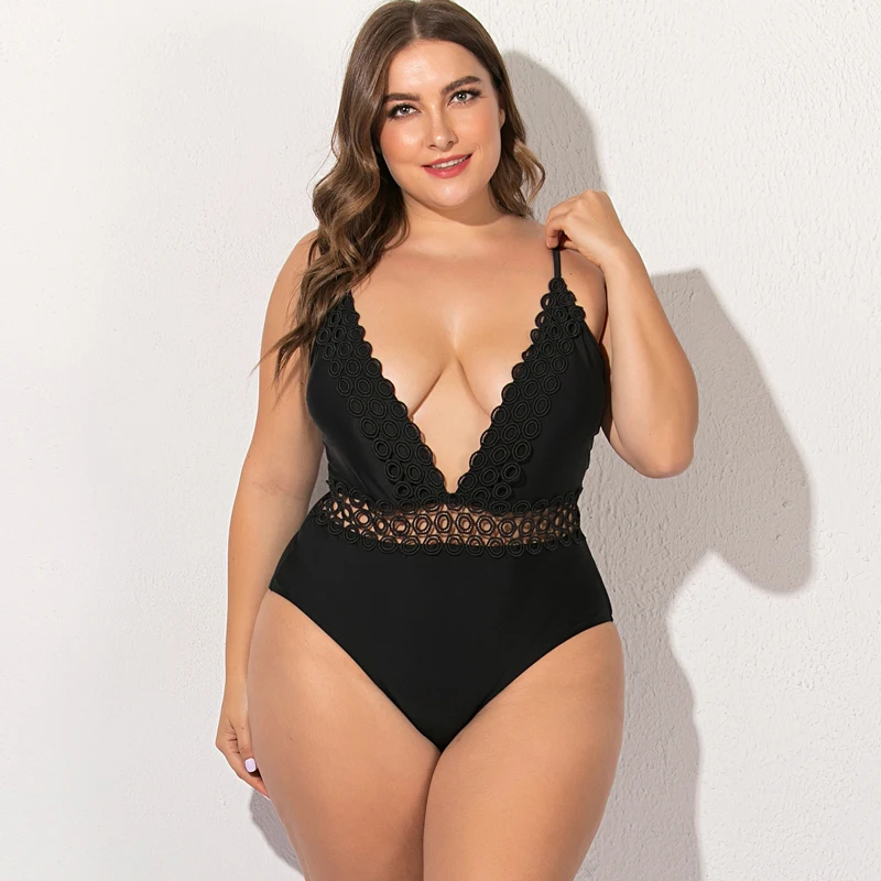 

Sexy Deep V Black One Piece Swimsuit Swimwear Women 2021 Large Size 5XL Swimming Suit Female Bathing suit Beachwear Lady
