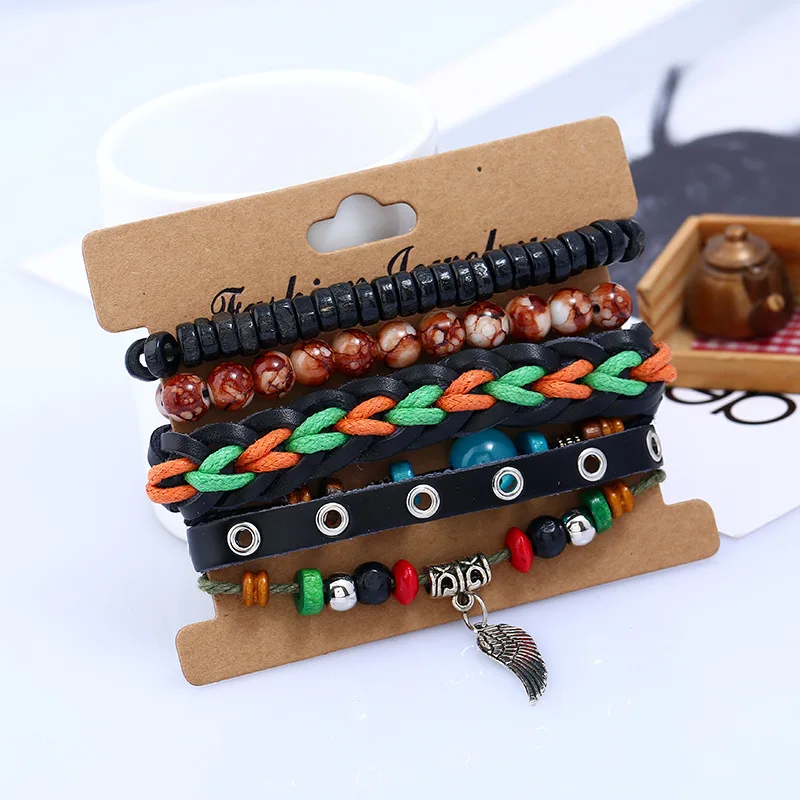 4pc Multilayer Genuine Leather Bracelet Set Feather Leaf Charms Wooded Beads Bracelets for Men Women Vintage Punk Wrap Wristband | Украшения