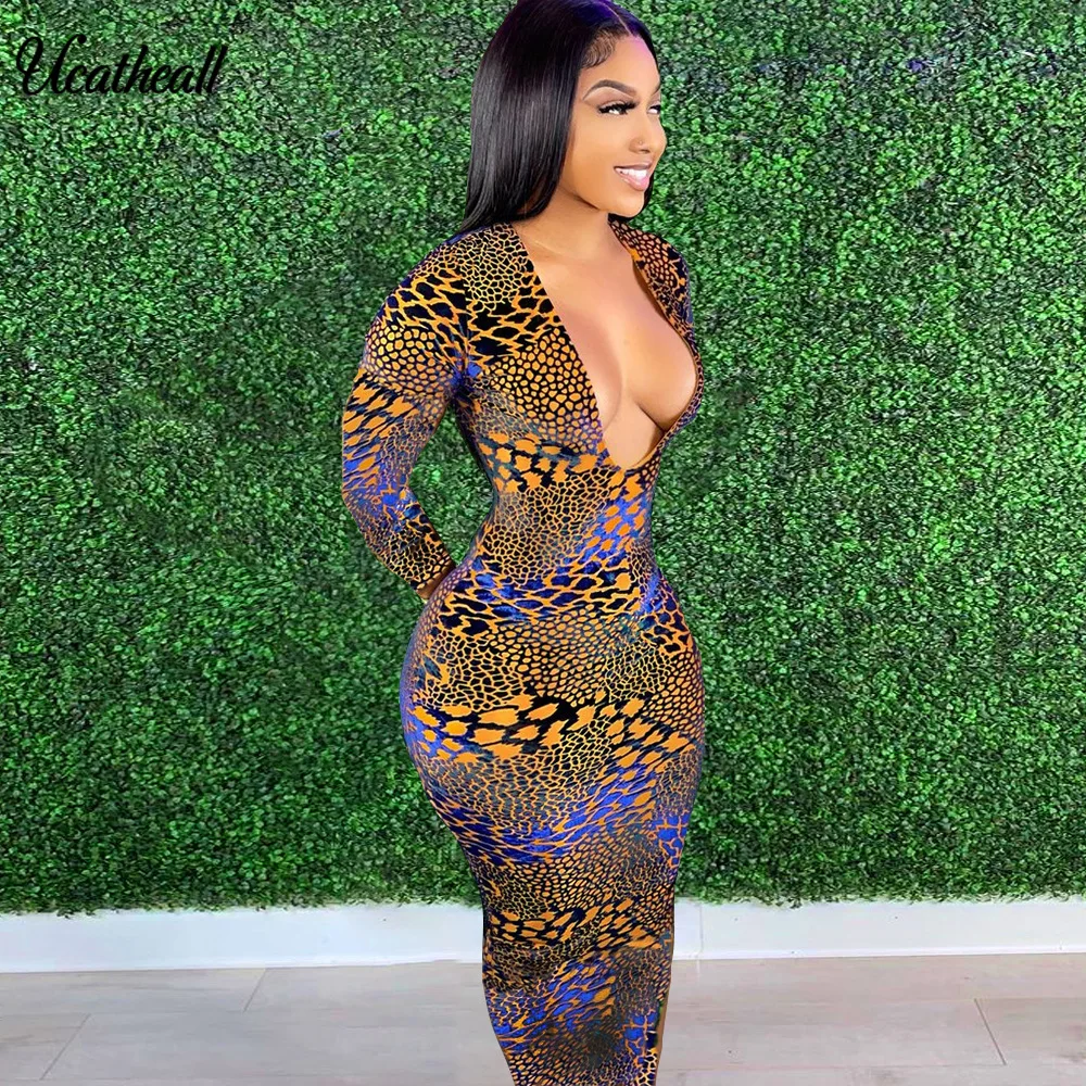 Женское длинное облегающее платье с леопардовым принтом длинным рукавом и