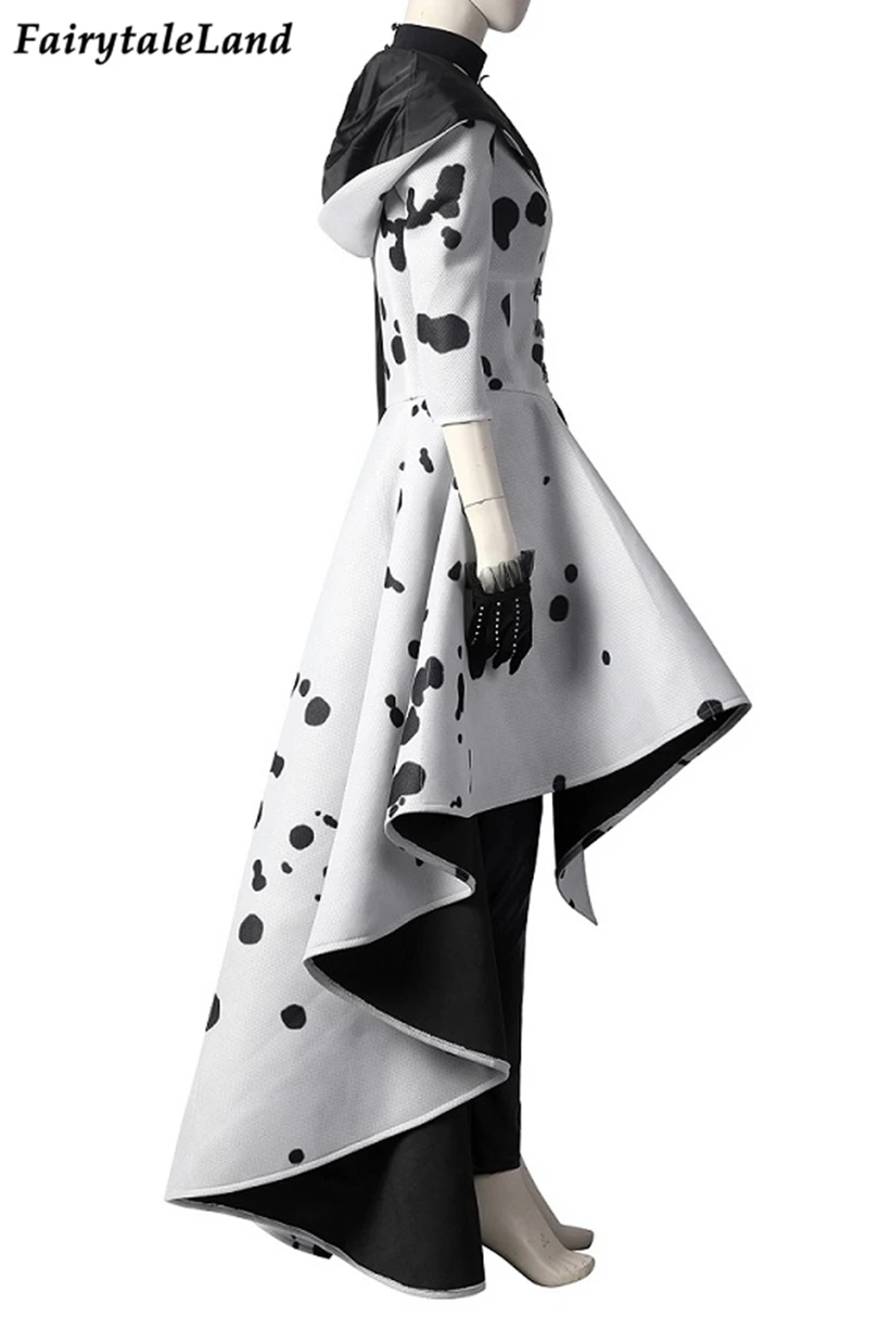 Костюм крееллы на Хэллоуин 2021 косплей королева зла черно-белое пальто вечернее