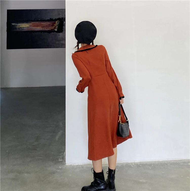 

Vintage Women Long Dress Autumn Winter Chic Lace-up Turn-down Collar Long Sleeve Midi Dress Female Elegant Party Dresses