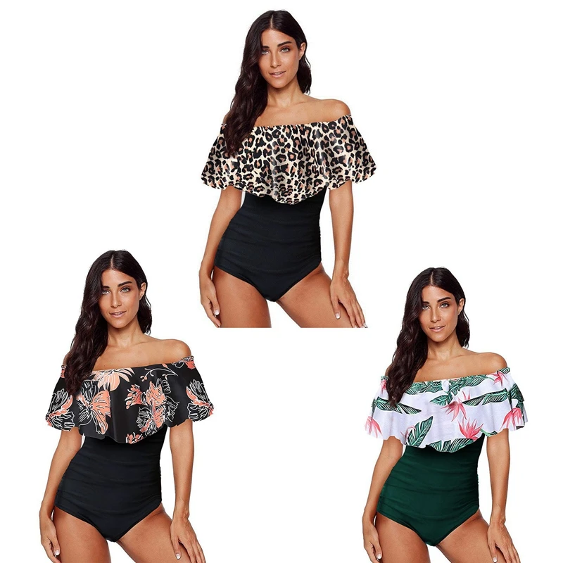 

Sexy Off the Shoulder Solid Swimwear Women One Piece women clothes Female Bathing Suit Ruffle Swim Wear Black L