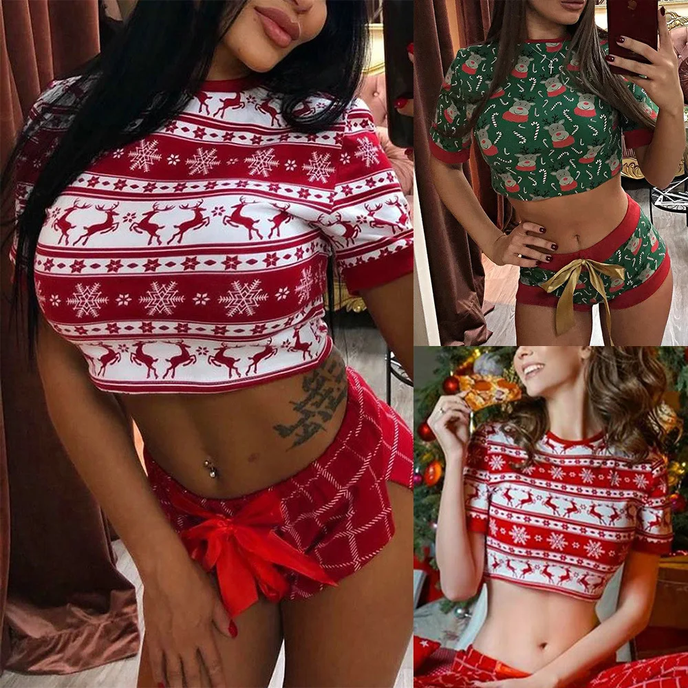 

Summer Lady Short-sleeved Sexy Round Neck Crop Top Lace Up Bow Shorts Two Piece Set Women Splicing Christmas Print Casual Suit