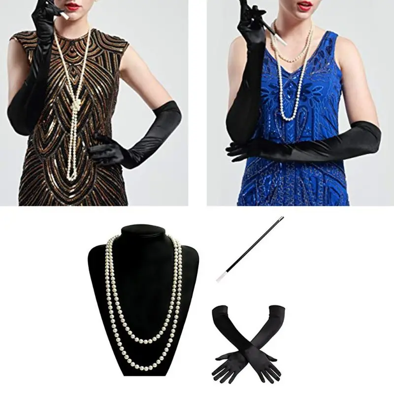 

1920s Charleston Flapper Girl костюм комплект маскарадное платье ожерелье с искусственным жемчугом длинные черные перчатки держатель сигареты для женщин