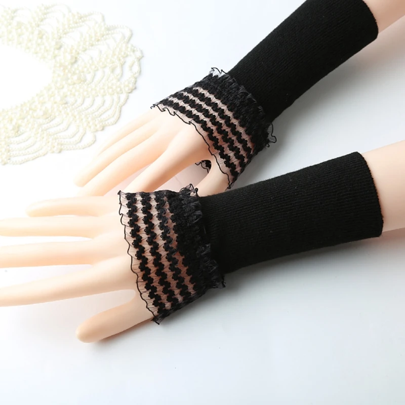 

Women Ribbed Knit Arm Warmers Ruffles Lace Fake Cuffs Sleeves Fingerless Gloves F3MF