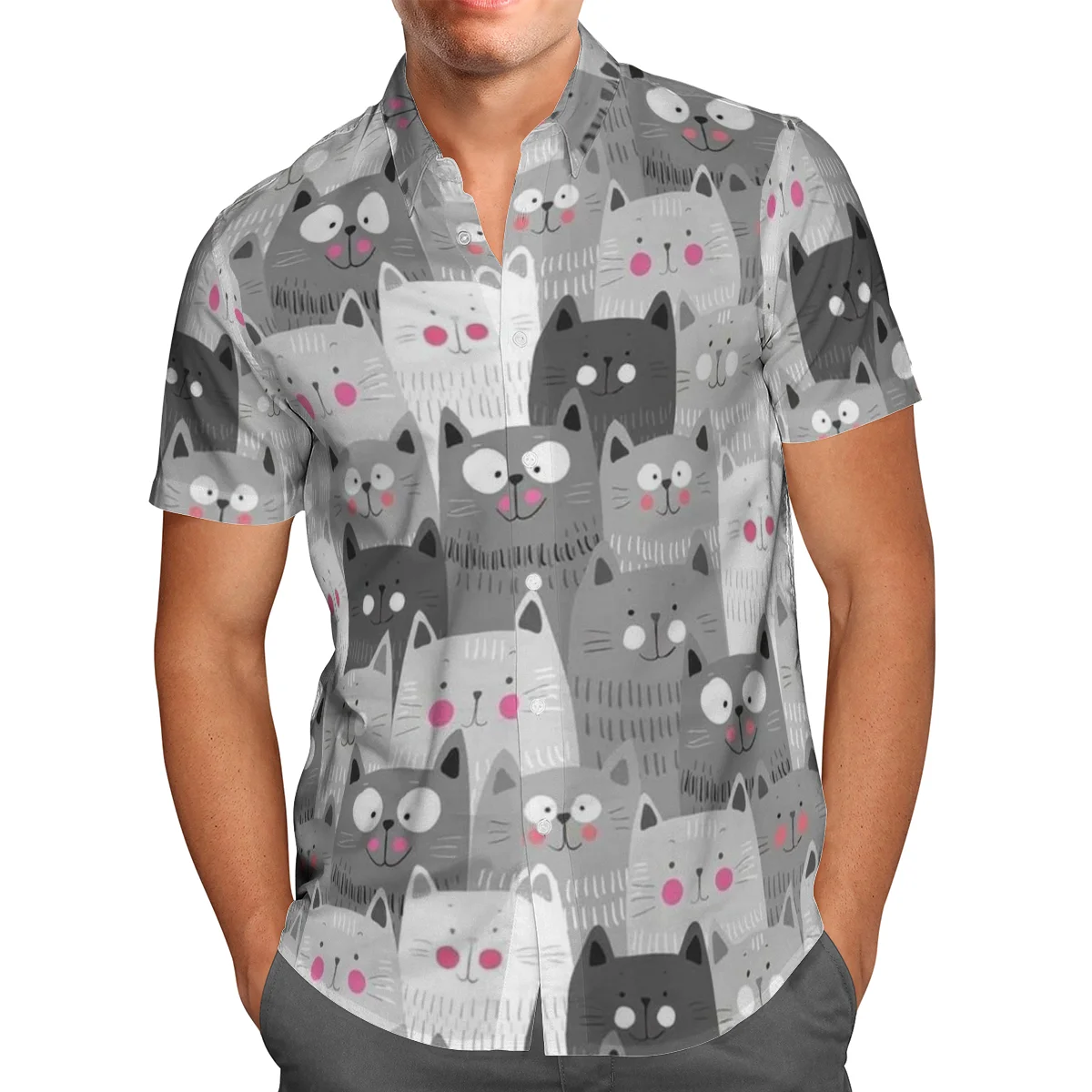 

Cats Print Short Sleeve Shirts For Men Loose Cardigan Button Shirts Plus Size Hawaiian Style Summer 2021 Ventilated Shirt-99