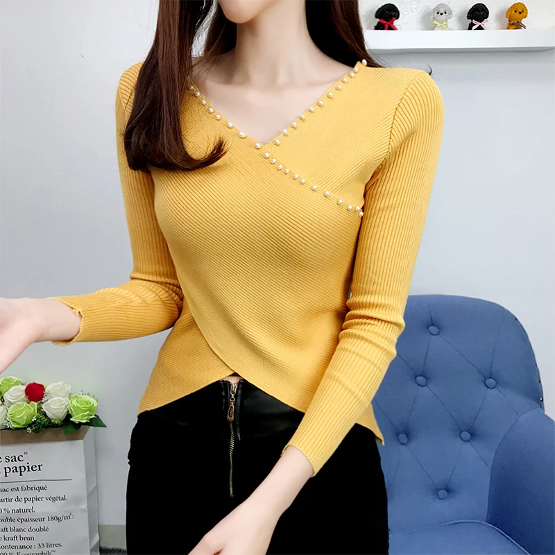 

2019 New Spring autumn Women Short Sexy Sweater V-neck Cross Irregular Beaded Long sleeve Knitted Pullover Sweater Female cc1690