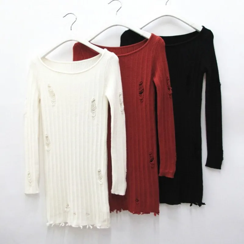 

Plus Size 2020 Hot Sale Dress Fiesta Europe And The Women's New Fashion Bag Body Sexy Waist Hole Tear Long-sleeved Knit Female