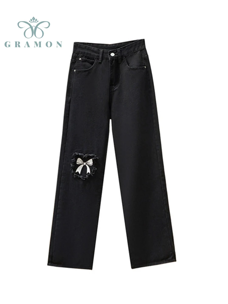 

Jeans Women Plus Size Denim Pants Spring Autumn Korean New High Waist Straight Wide Leg Pants Fashion Bow Trousers Jeans Mujer