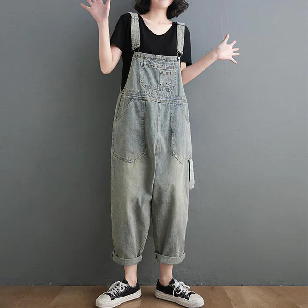 

Women's Shoulder Strap Hanging Gear Jumpsuit Washed Blue Large Pockets Loose Wide-leg Denim Jumpsuit Daily Casual Wear