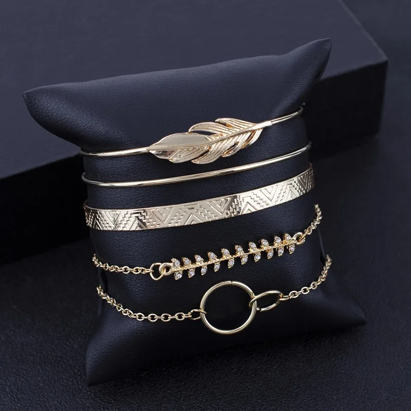 Sindlan 5PCs Vintage Flower Pattern Feather Bangles for Women Gold Crystal Charm Open Bracelets Set Fashion Wrist Chain Jewelry | Украшения