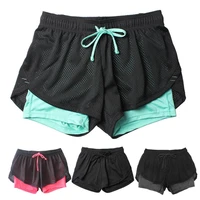 2021 women summer double layer running shorts fake two piece ladies mesh drawstring women high waist shorts