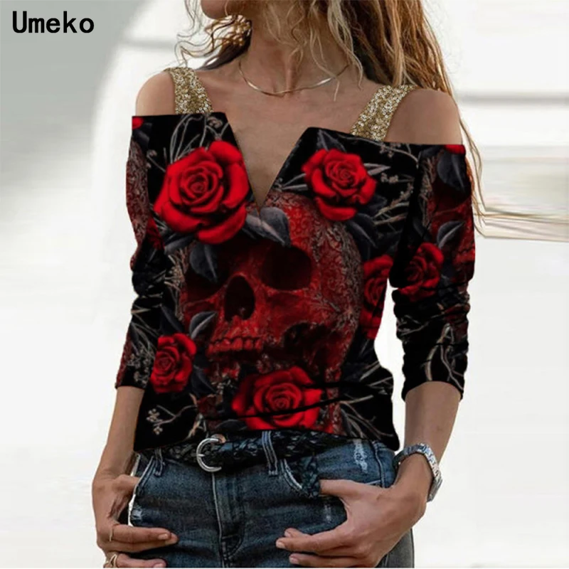 

Umeko New Vintage Print Long Sleeve T-Shirts Women Sexy Sling V-Neck Off Shoulder Tops Elegant Rose Pattern Tee Shirt Streetwear