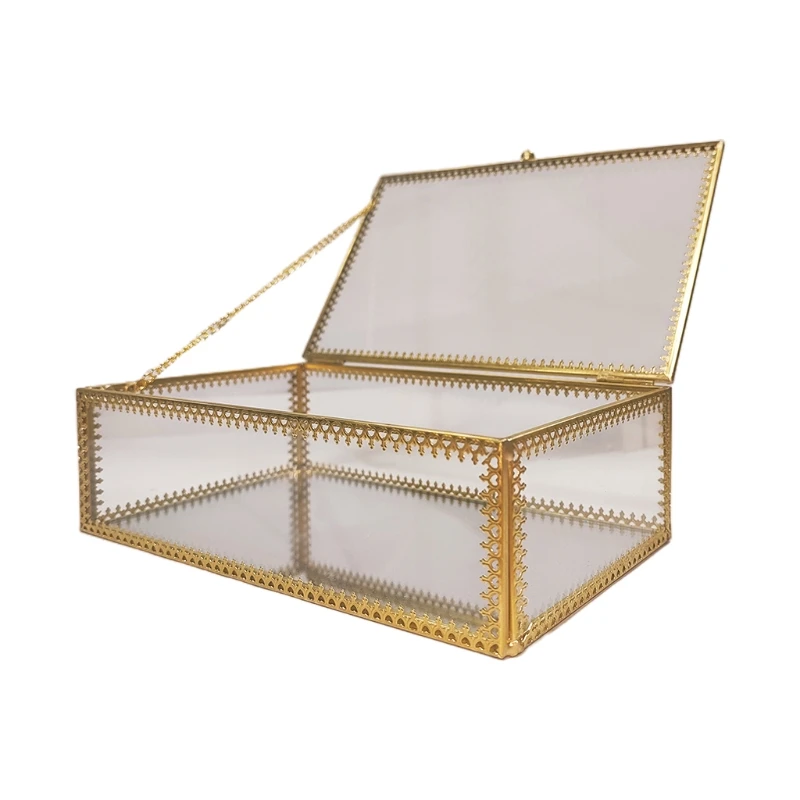 

Rectangle Gold Brass Glass Jewelry Trinket Box Lace Jewelry Display Organizer