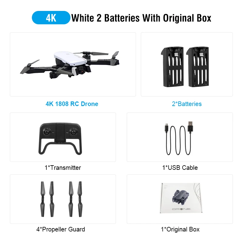 White 4K 2Batteries 1808 wifi FPV с 4K широкоугольной камерой оптический поток режим удержания высоты складной Радиоуправляемый Дрон Квадрокоптер RTF - Цвет: White 4K 2Batteries