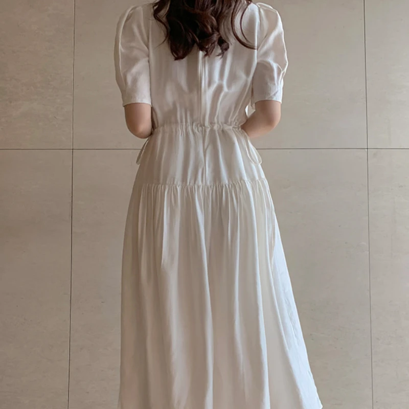

KUSAHIKI Korean Drawstring Slim Waist Elegant Dresses Puff Short Sleeve O-neck Women Dress Causal A-line Vestidos Mujer 6G969