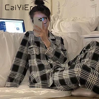 caiyier women pajamas suit winter long sleeve loose grid printed sleepwear korean girl pants leisure pyjamas homewear nightwear