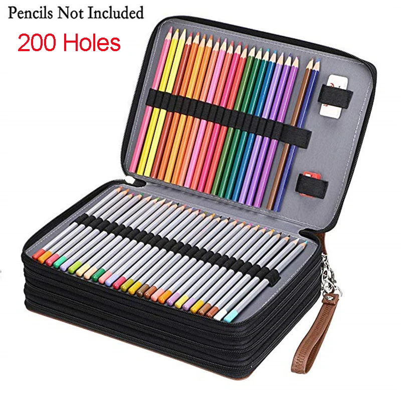 

200 Holes PU Leather Big zipper Colored Pencil Case Large Black Pencil Pouch For Student Art Painting Storage Bag Pen Curtain