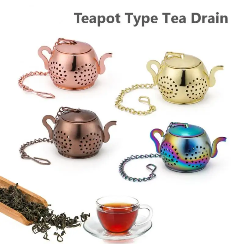 

Tea Strainer Teapot Shape Loose Tea Infuser Stainless Steel Leaf Tea Strainer Chain Drip Tray Spice Filter Kitchen Accessories