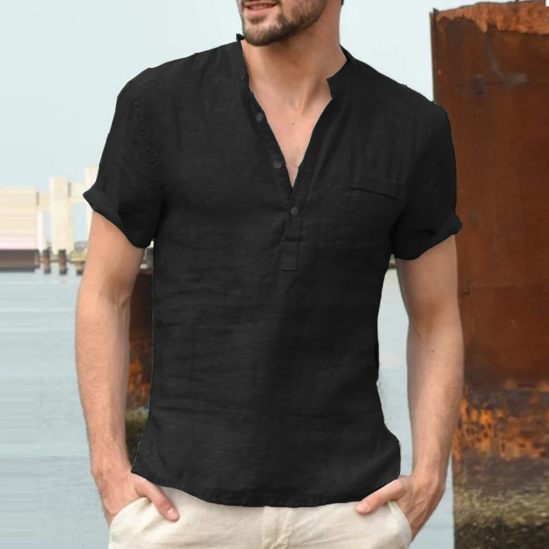 New Cotton Linen Casual Shirts for Men Basic Classic White Shirt   Male Short Sleeve Stand Collar Breathable Men's Shirts