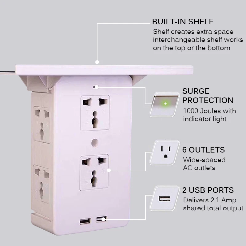 New Phone Honlder Switch Socket Rack Socket Shelf 6 Electrical Outlet Extenders Surge Protector Wall Outlet 2 USB Charging Ports